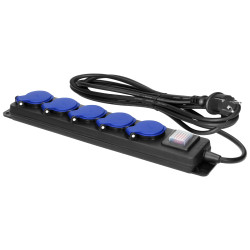 Dílenský prodlužovací přívod odolný proti stříkající vodě 5 zásuvek 5m IP44 černý napájecí lišta s vypínačem gumový kabel ORNO O