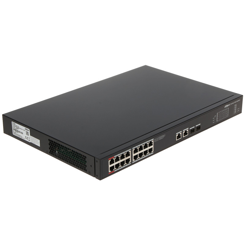 16 portu rūpnieciskais PoE komutators 2x Uplink RJ45 2x SFP Gigabit 240W Hi-PoE 90W Rack 19 DAHUA PFS3220-16GT-240