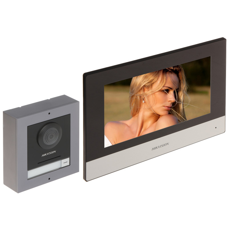 Set video interkom IP 7 inci dengan monitor skrin sentuh, Wi-Fi, PoE, Full HD, sokongan kad microSD Hikvision DS-KIS602(B)(O-STD