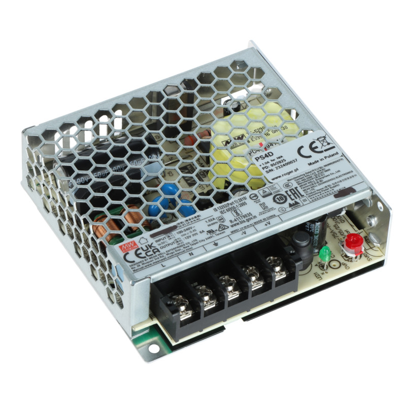 Alimentatore switching 13.8V DC 5.4A 75W per sistemi di controllo accessi RACS 5 ROGER PS4D