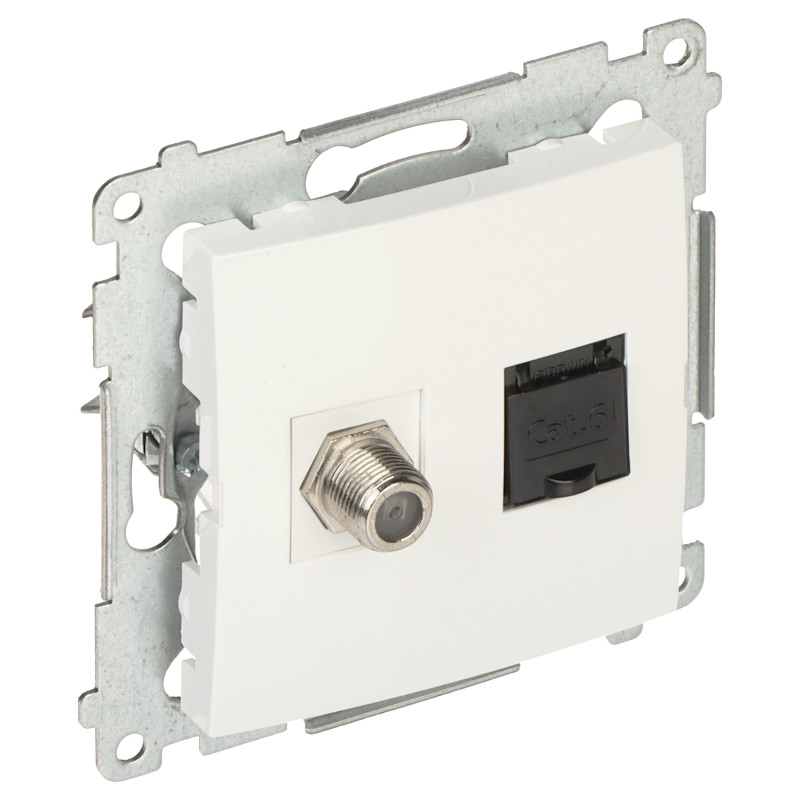 Presa terminal Tip F i RJ45 Cat.6 encastrada blanca per a marcs de la sèrie Premium Nature Multimedia Kontakt Simon DASFRJ45.01/