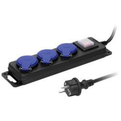 Workshop power strip splash-proof extension lead 3 sockets 5m IP44 black rubber cable robust ORNO OR-AE-13192/5M