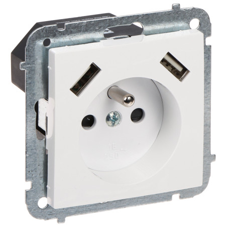 230V电源插座带2.1A USB充电器嵌入式白色接地带电流轨道挡板 Elektro-Plast Nasielsk SANTRA/4188-10/EPN