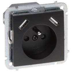 带USB充电器的单插座 2x 5V 2.1A 暗装式 哑光黑 电气触点 USB-A充电器 Elektro-Plast Nasielsk SANTRA/4188-19/EPN