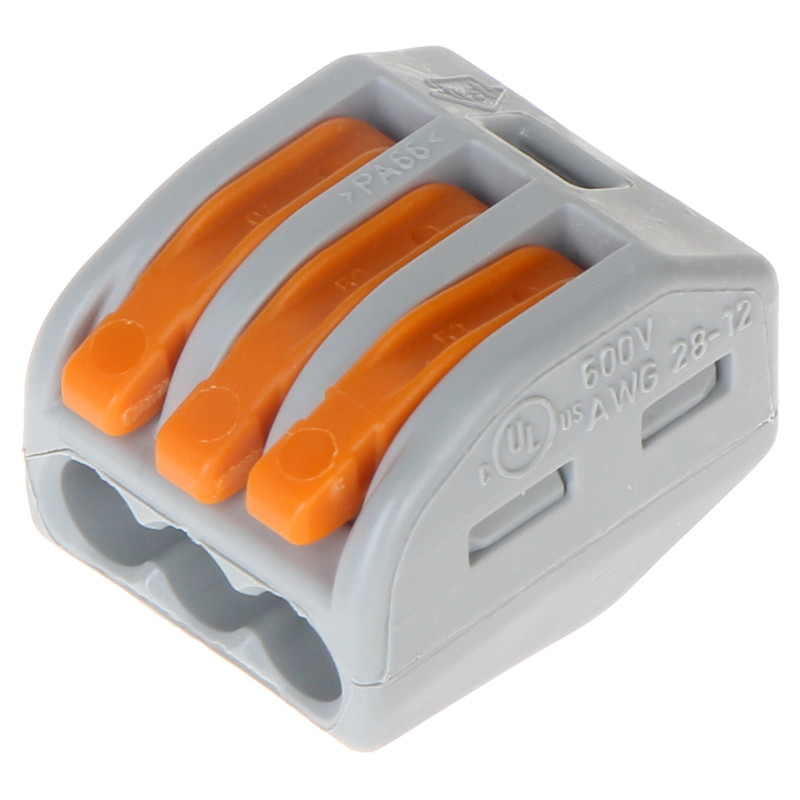 Электрычная хуткараздымная муфта 3-канальная з рычагамі набор 50 штук універсальная для дроту і шнура Wago WAGO-222-413*P50