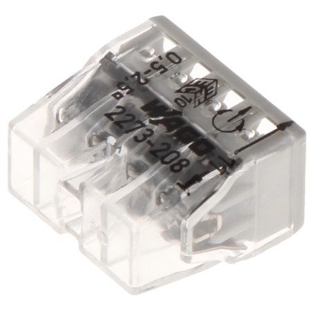 8-napainen pikaliitin yksisäikeisille johtimille 0.5-2.5mm2 50 kpl sarja läpinäkyvä kotelo PUSH WIRE Wago WAGO-2273-208*P50