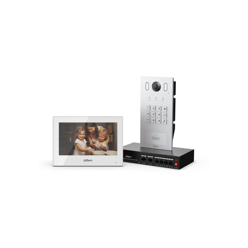 Kit de vídeo porteiro IP de 7 polegadas com monitor, painel externo, switch PoE e caixa de embutir DAHUA KTP05(F)