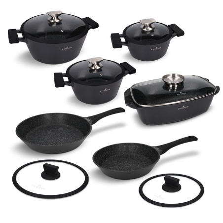 Set med 12 delar kastruller stekpannor långpanna granitbeläggning Greblon induktion ugn Zwieger ZW-EK-4601