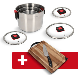Set med 6 stål kastruller FOLD'in system akaciaträskärbräda kniv slipare Zwieger ZW-EK-2218