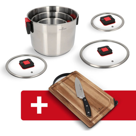 Set de casseroles en acier 6 pièces système FOLD'in planche en acacia couteau aiguiseur Zwieger ZW-EK-2218