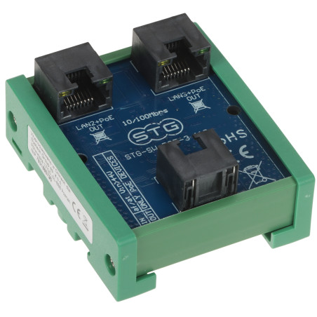 3端口PoE交换机扩展器 LAN和电源信号分配器 10/100 Mbps DIN导轨安装 STG STG-SW-POE-3-110