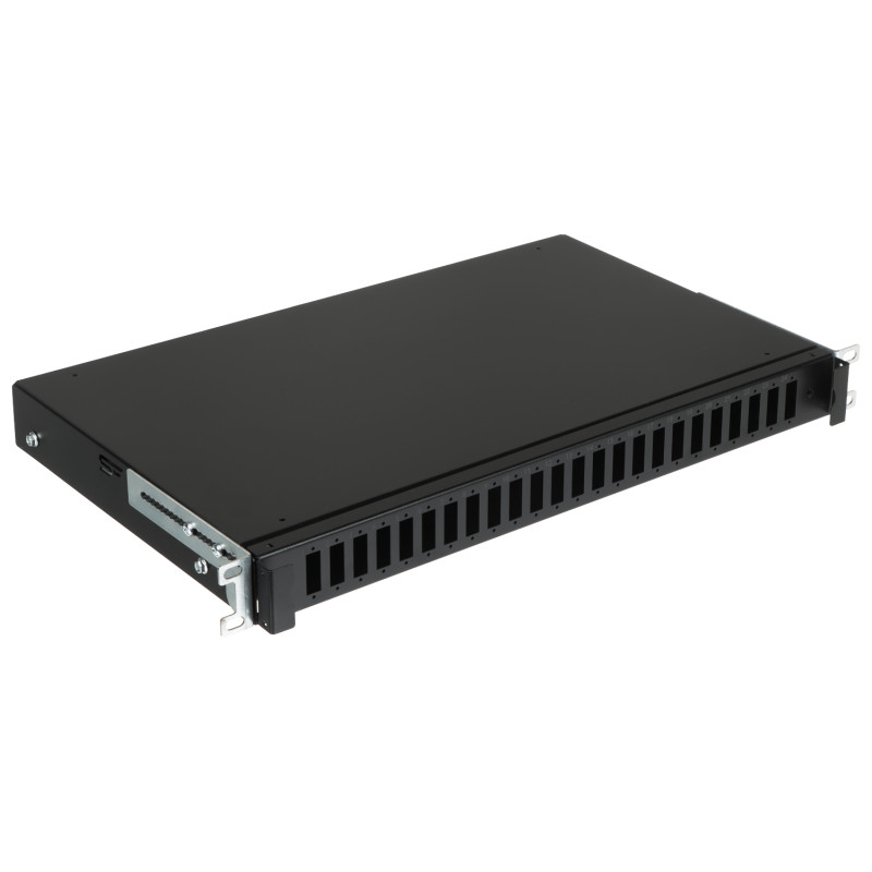 19インチ 1U 光ファイバーパッチパネル 24ポート SCデュプレックス LCクアッド スライド式引き出し ブラック ケーブルオーガナイザー付き STALFLEX TFDP-19-1U-24D-SC-B