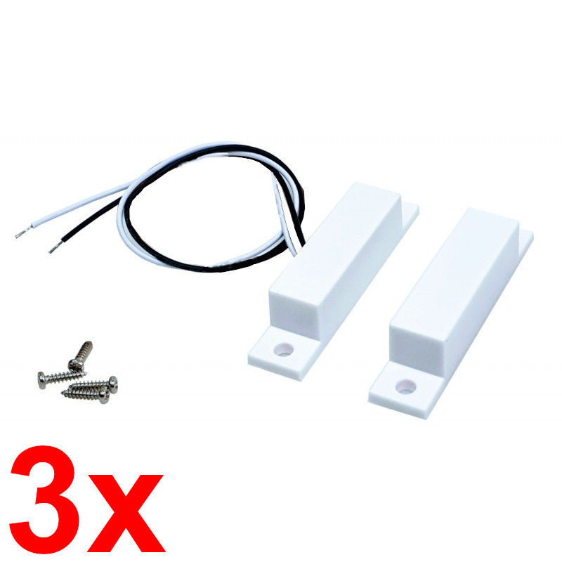 3x Magnētiskais kontaktsensors sānu 64mm atstarpe 20mm NC balts durvīm logiem signalizācijas sistēmai komplekts ACTii AC3287