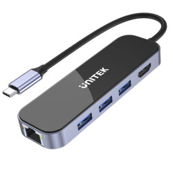 Πολυλειτουργικός διανομέας USB-C 6 σε 1 HDMI 4K RJ45 Ethernet PD 100W Hub αλουμινίου σταθμός σύνδεσης UNITEK D1084A