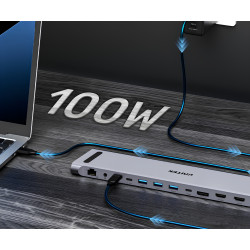 תחנת עגינה רב-תכליתית KVM 4K UHD USB-C Hub 12in1 Triple Display PD 100W RJ45 קורא כרטיסי SD UNITEK D1106AGY01