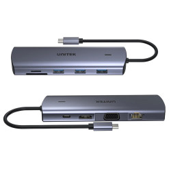 Multimedialer USB-C 9-in-1 HUB HDMI 4K VGA Gigabit Ethernet RJ45 SD microSD Kartenleser PD 100W Aluminium UNITEK D1113A