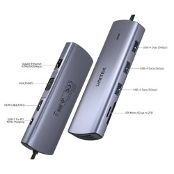 HUB USB-C 9 en 1 Multimedia HDMI 4K VGA Gigabit Ethernet RJ45 Lector de tarjetas SD microSD PD 100W Aluminio UNITEK D1113A