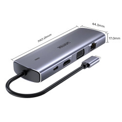 Multimedial USB-C HUB 9-i-1 HDMI 4K VGA Gigabit Ethernet RJ45 SD microSD-kortleser PD 100W Aluminium UNITEK D1113A