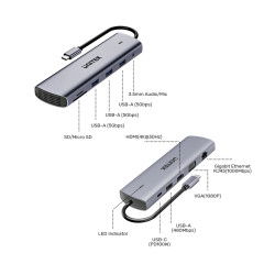 Багатофункціональна док-станція 11в1 USB-C HDMI VGA RJ45 Картридер SD MicroSD Audio Jack PD 100W UNITEK D1113BGY01