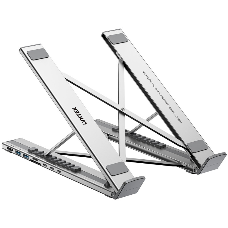 Foldable Laptop Stand 7-in-1 Docking Station USB-C Hub 4K HDMI SD Card Reader 100W PD Aluminum UNITEK D1137AGY01
