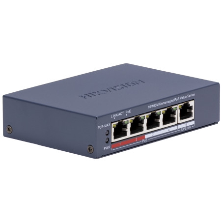 PoE-kytkin 4 porttia 10/100 Mbps + 1 Uplink Long Range 300m 45W 6kV metallikotelo Desktop Hikvision DS-3E0105P-E/M(C)
