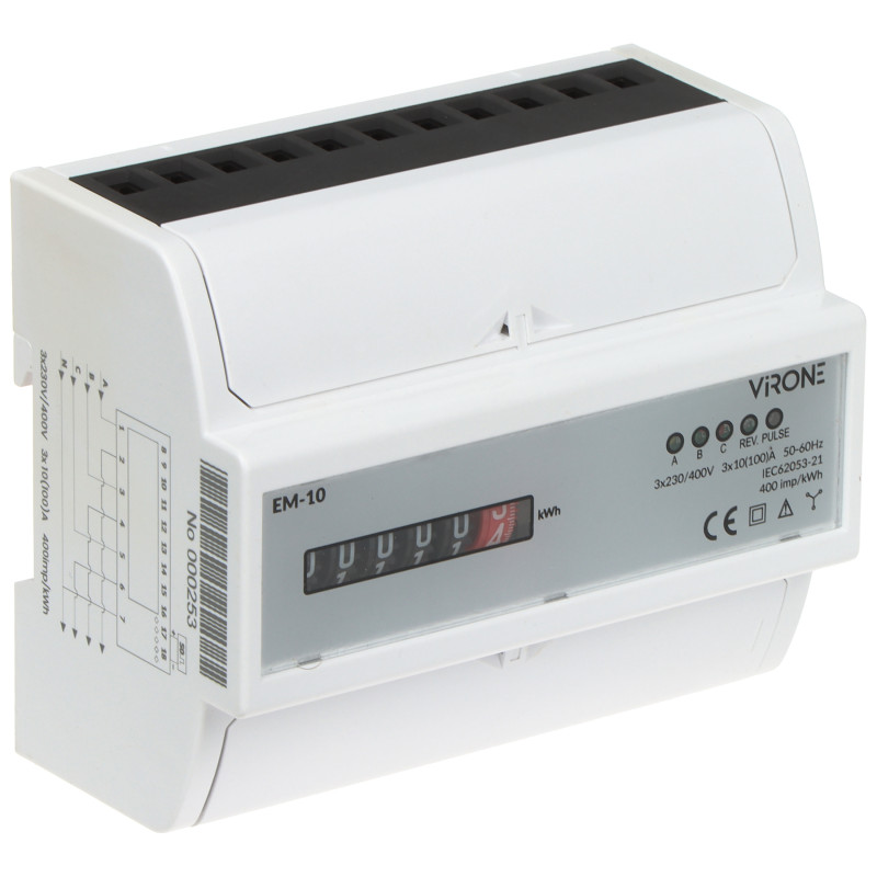 Üç Fazlı Analog Elektrik Enerjisi Sayacı DIN Rayı 3x230V/400V 100A kWh Virone EM-10