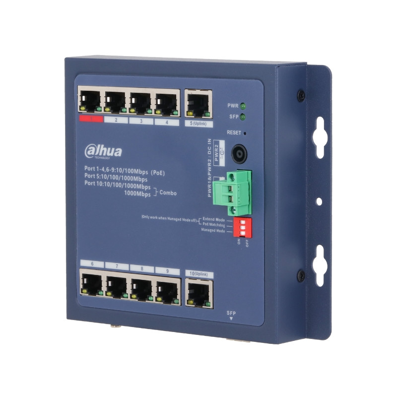 Spravovatelný průmyslový PoE switch 8 portů SFP Gigabit Uplink Combo DIN 90W Watchdog DAHUA CHS4110-8ET-90-F